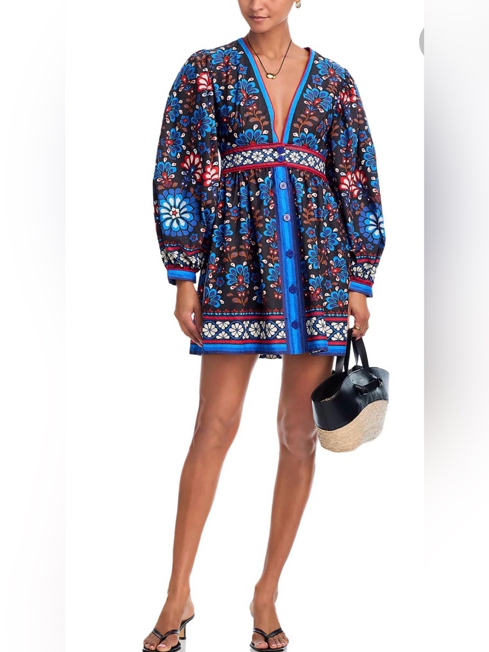 Farm Rio Gorgeous Latina Scarf Black with Blue Floral V-Neck Mini Dress